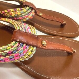 Cherokee Girls Size 4 Multi Color Braided Thong Sandals Brown Buckle Strap Flat